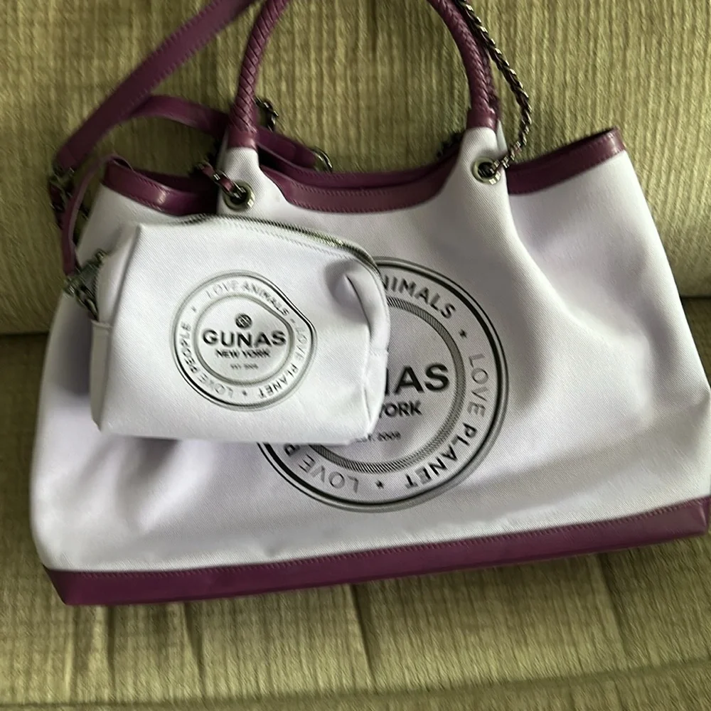 Gunas New York Ruth  canvas tote bag purple trimmed in leather APX 16 x 11 x 4 - Picture 2 of 13